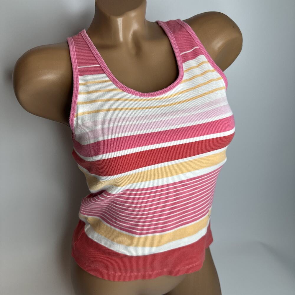 Vintage Q&A Pink Ribbed Striped Tank Top Coquette Retro Sporty Built In Bra
